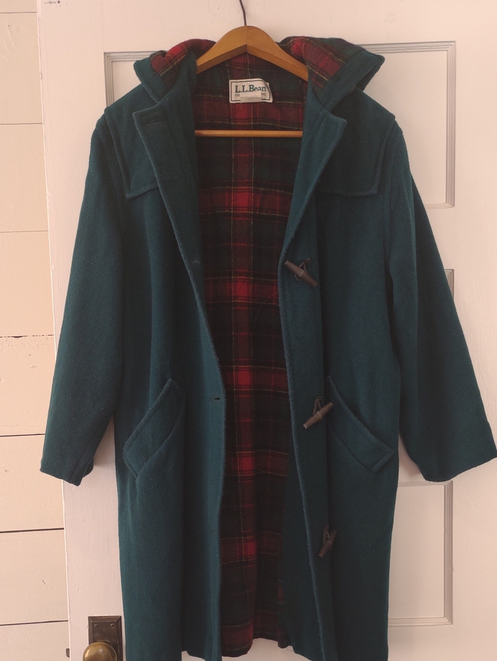 L.L. Bean Teal Wool Toggle Pea Coat with Red Plaid Lining
